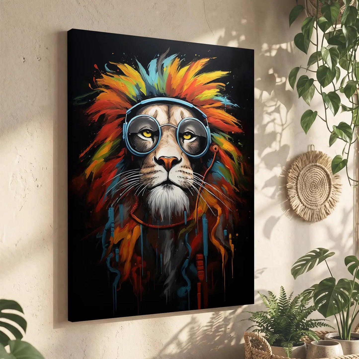 Vibrant Lion Artwork - Modern Pop Canvas Print with Glasses