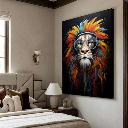 Vibrant Lion Artwork - Modern Pop Canvas Print with Glasses