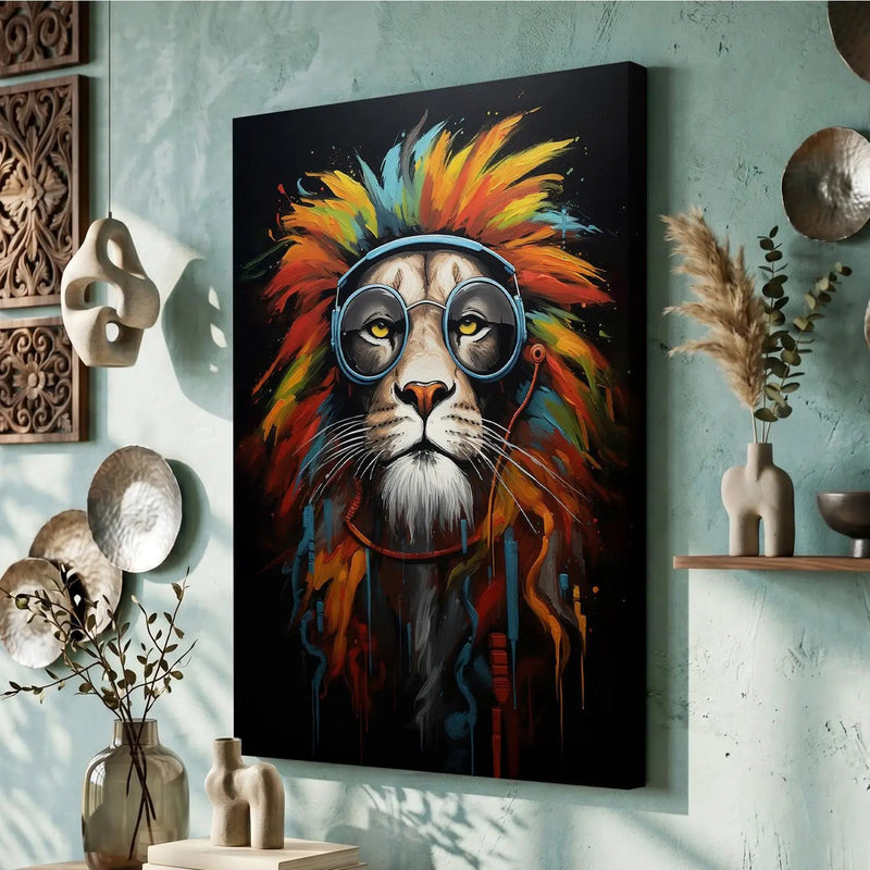 Vibrant Lion Artwork - Modern Pop Canvas Print with Glasses
