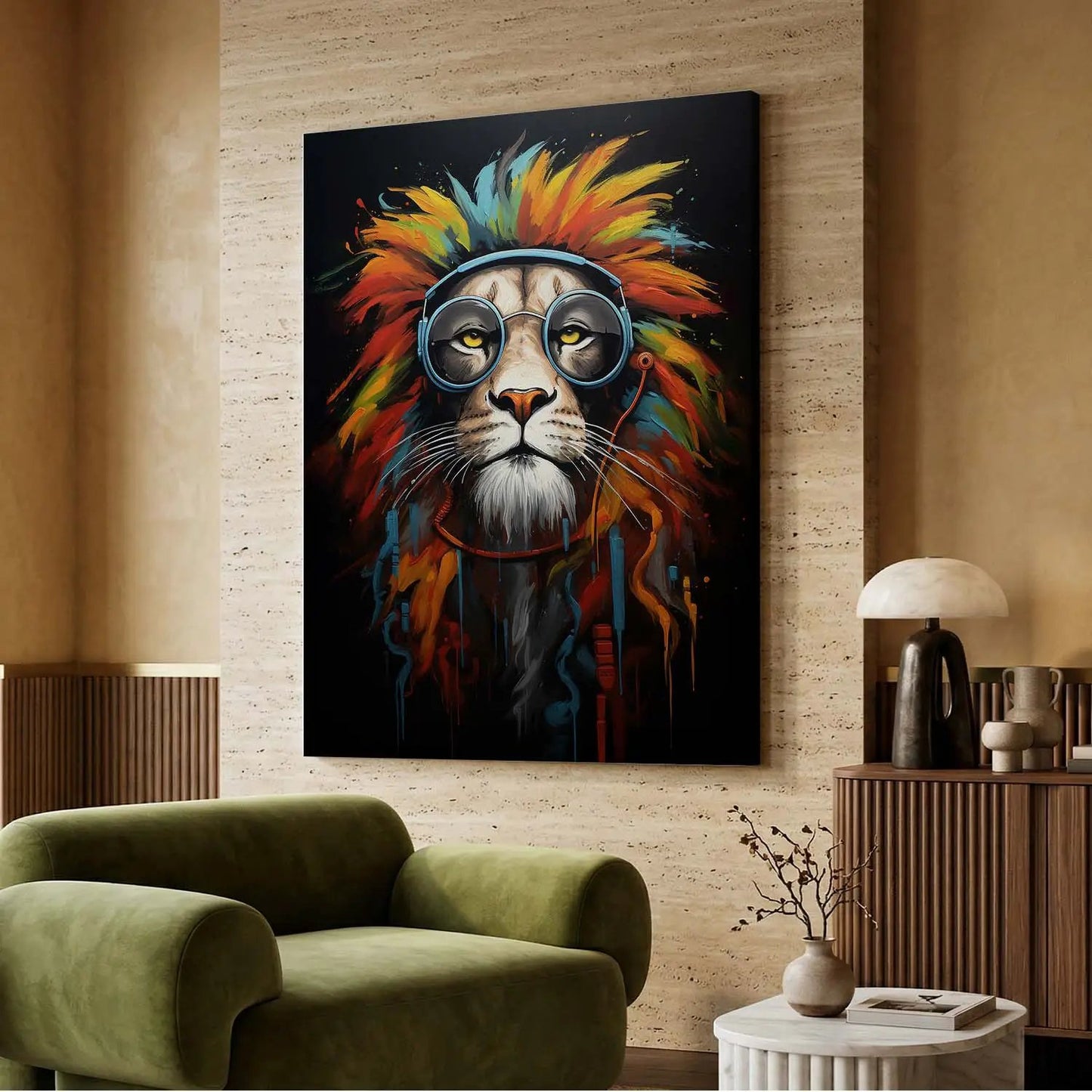 Vibrant Lion Artwork - Modern Pop Canvas Print with Glasses