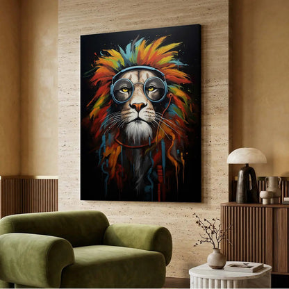 Vibrant Lion Artwork - Modern Pop Canvas Print with Glasses