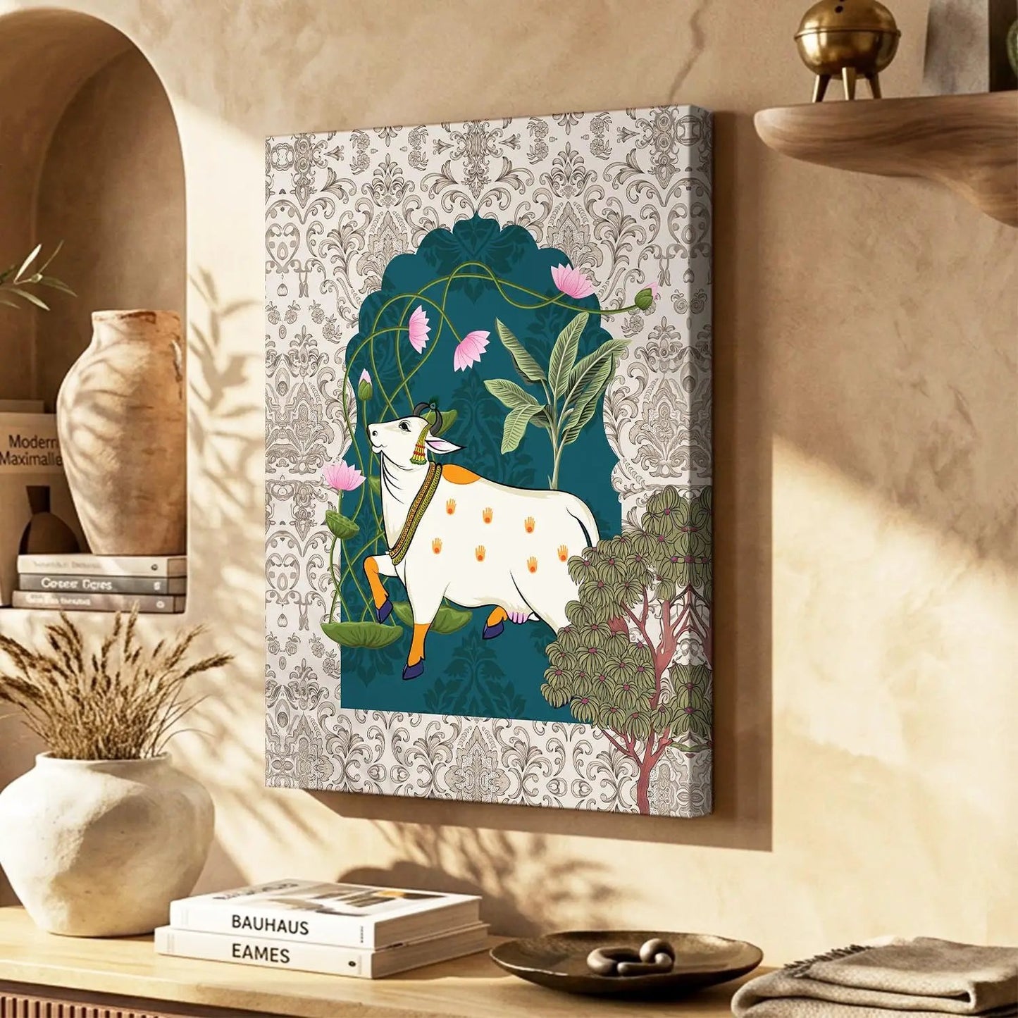 Traditional Indian Pichwai Art with Holy Cow Canvas Print