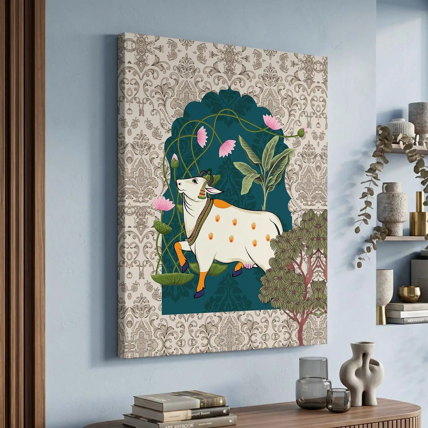 Traditional Indian Pichwai Art with Holy Cow Canvas Print