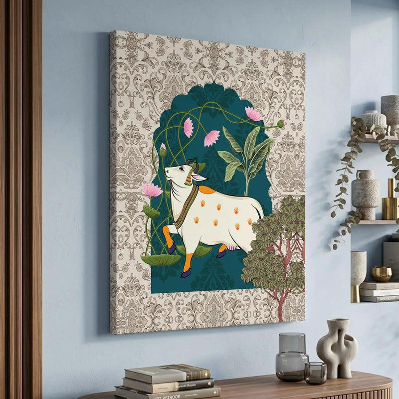 Traditional Indian Pichwai Art with Holy Cow Canvas Print