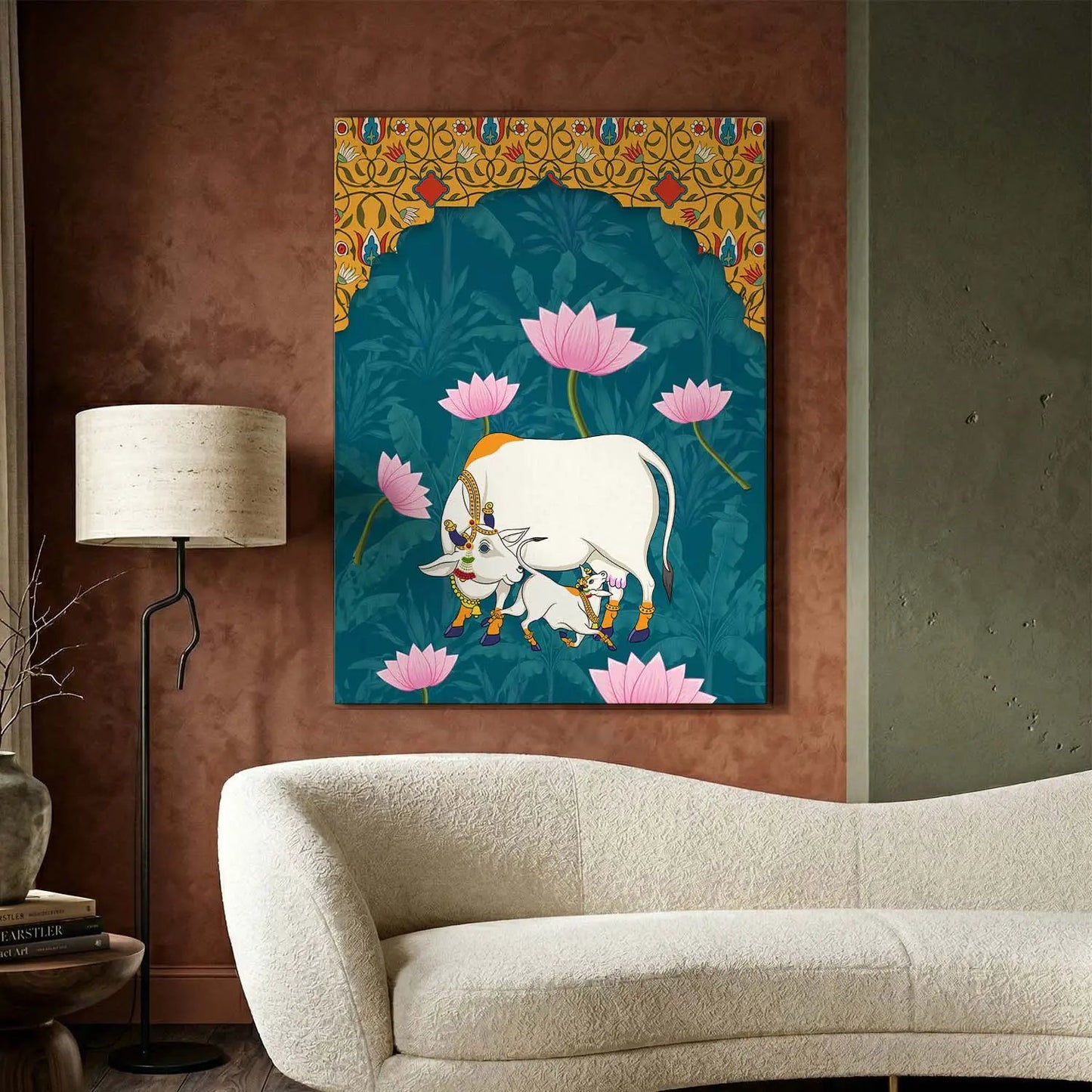 Traditional Indian Pichwai Art with Holy Cow Canvas Print