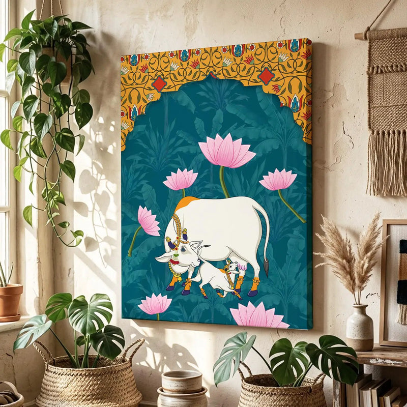 Traditional Indian Pichwai Art with Holy Cow Canvas Print