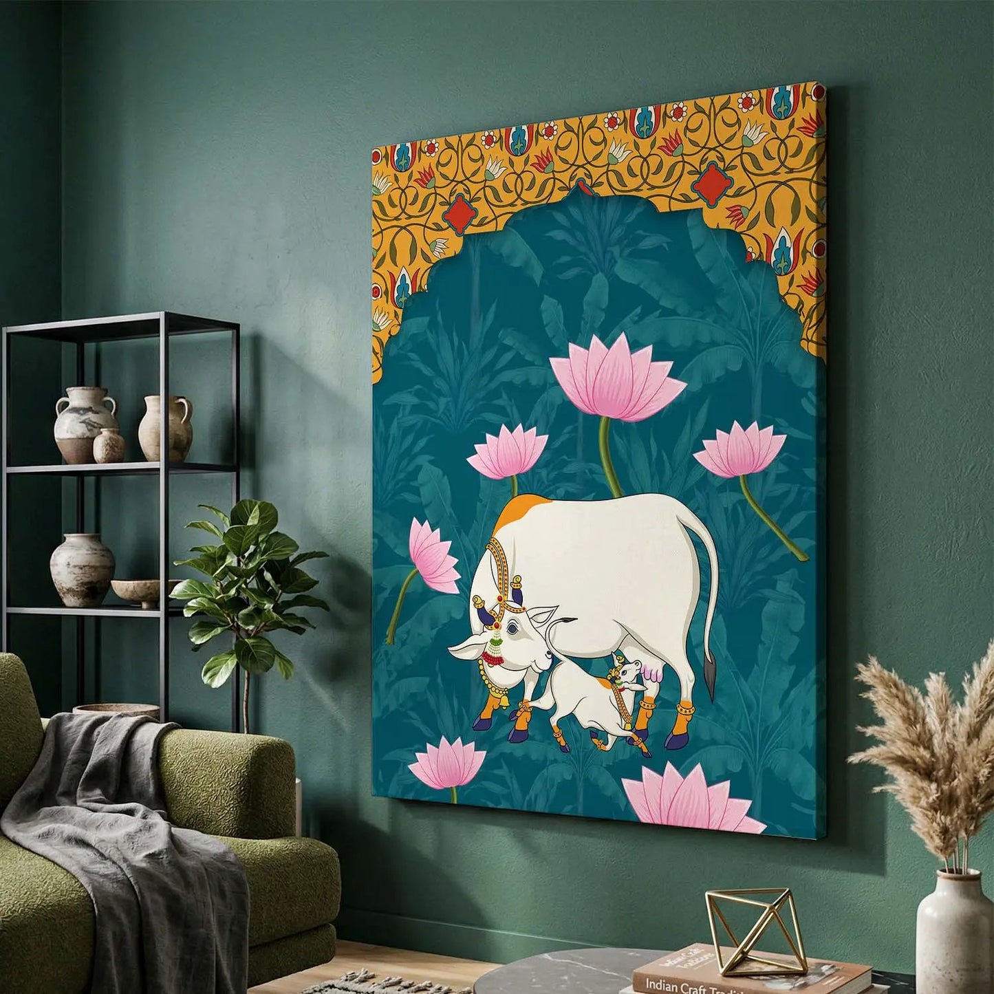 Traditional Indian Pichwai Art with Holy Cow Canvas Print