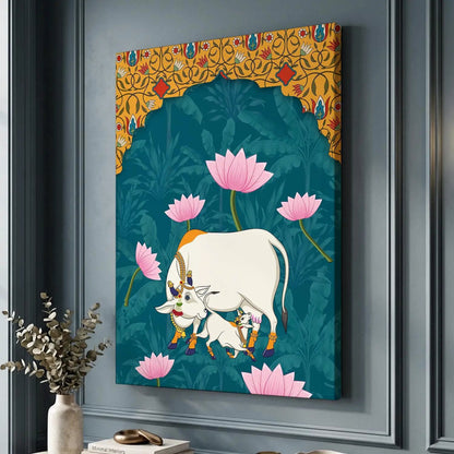 Traditional Indian Pichwai Art with Holy Cow Canvas Print