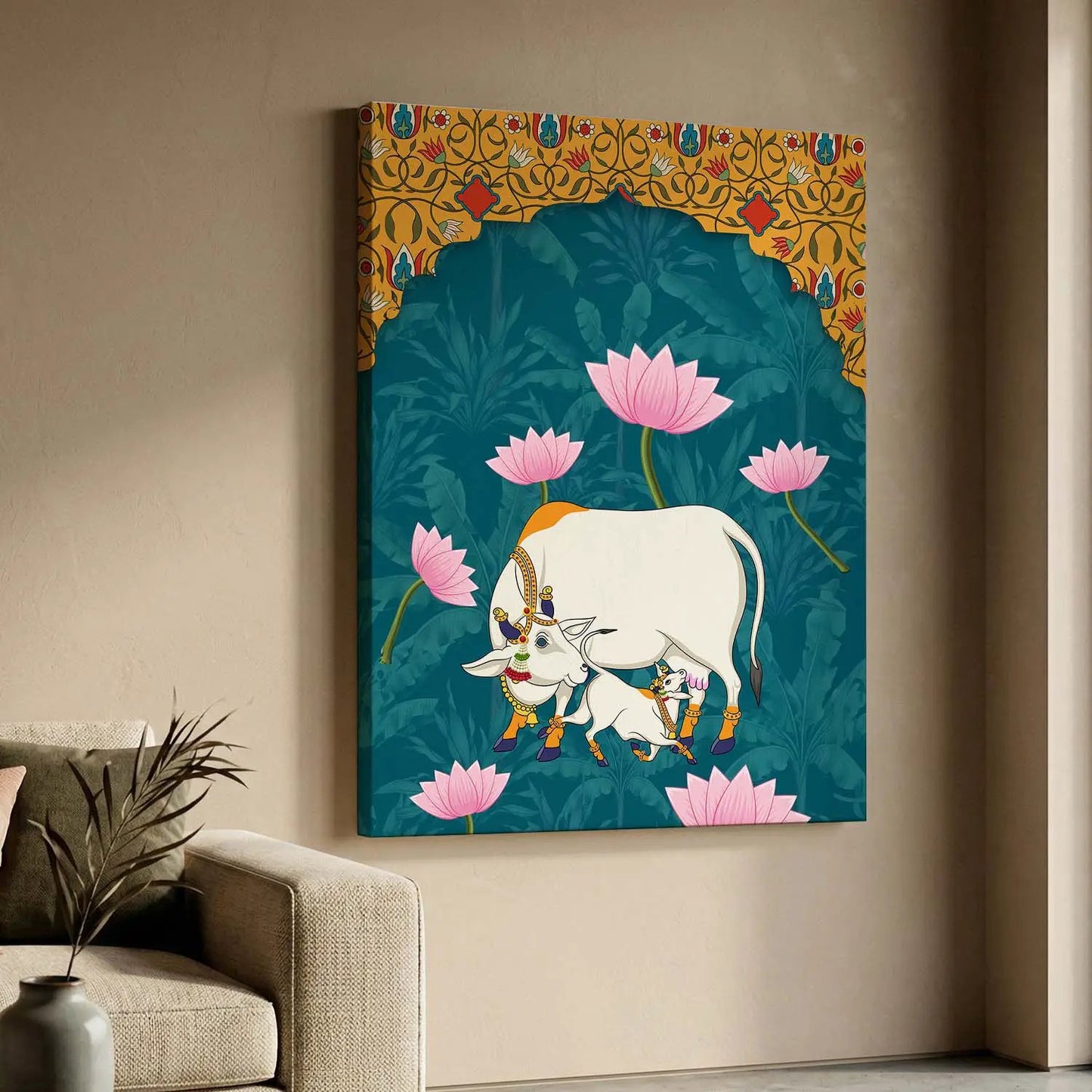 Traditional Indian Pichwai Art with Holy Cow Canvas Print