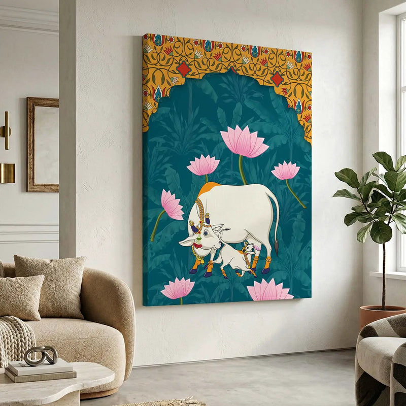 Traditional Indian Pichwai Art with Holy Cow Canvas Print