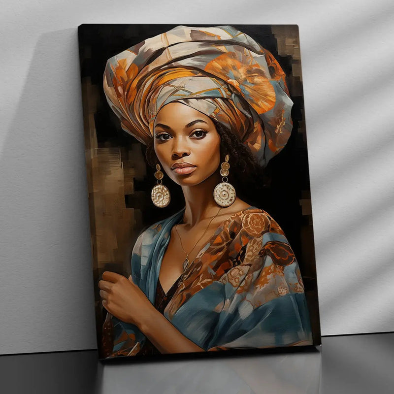 Regal African Beauty Canvas Art Print with Multicolored Turban