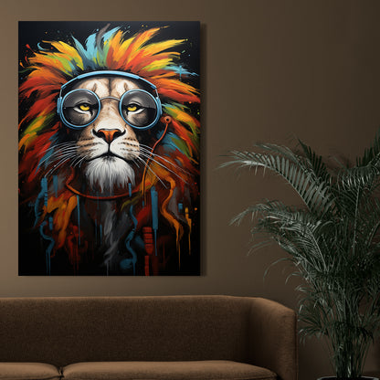 Vibrant Lion Artwork - Modern Pop Canvas Print with Glasses