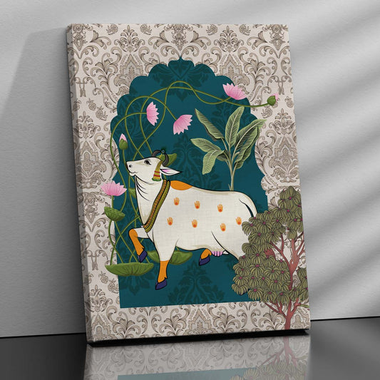 Traditional Indian Pichwai Art with Holy Cow Canvas Print