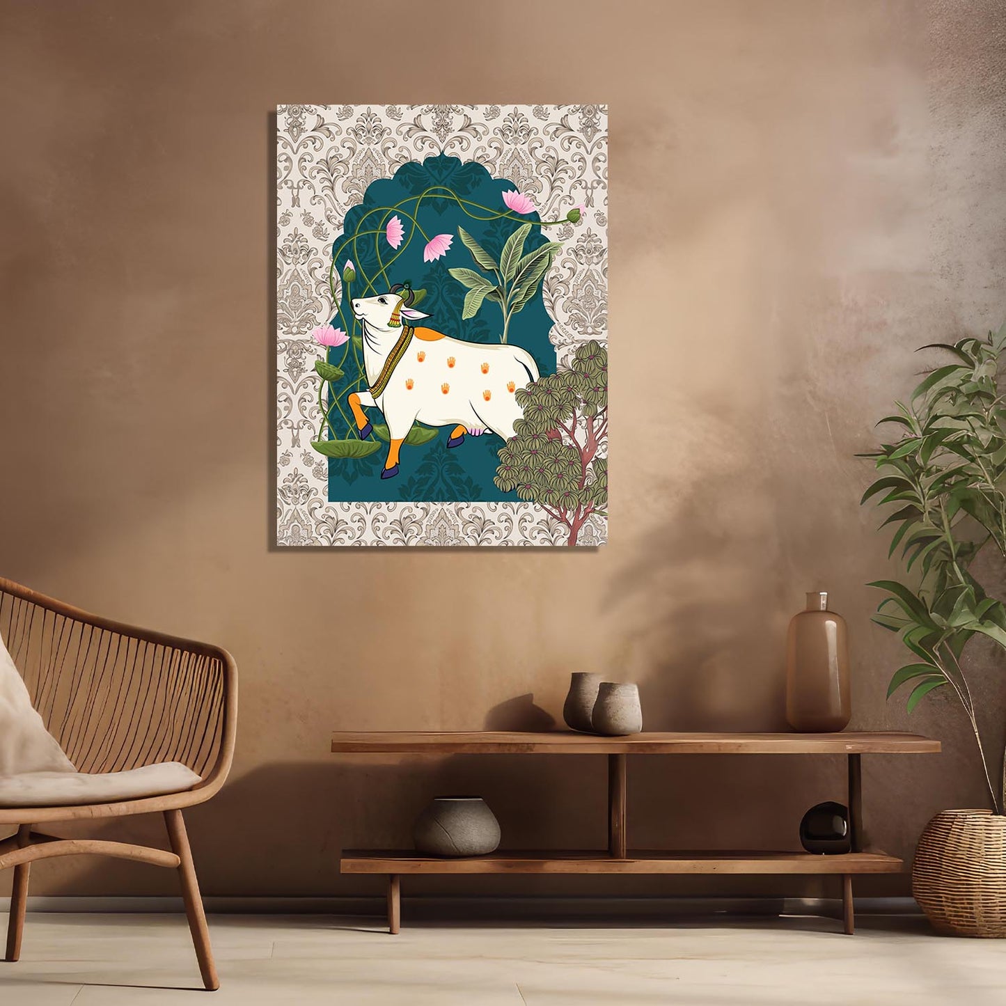 Traditional Indian Pichwai Art with Holy Cow Canvas Print