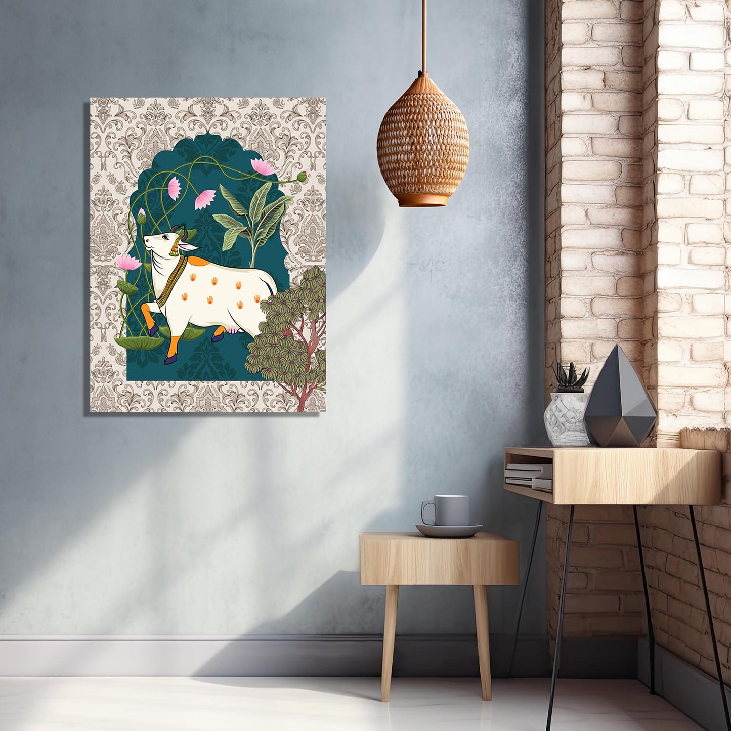 Traditional Indian Pichwai Art with Holy Cow Canvas Print