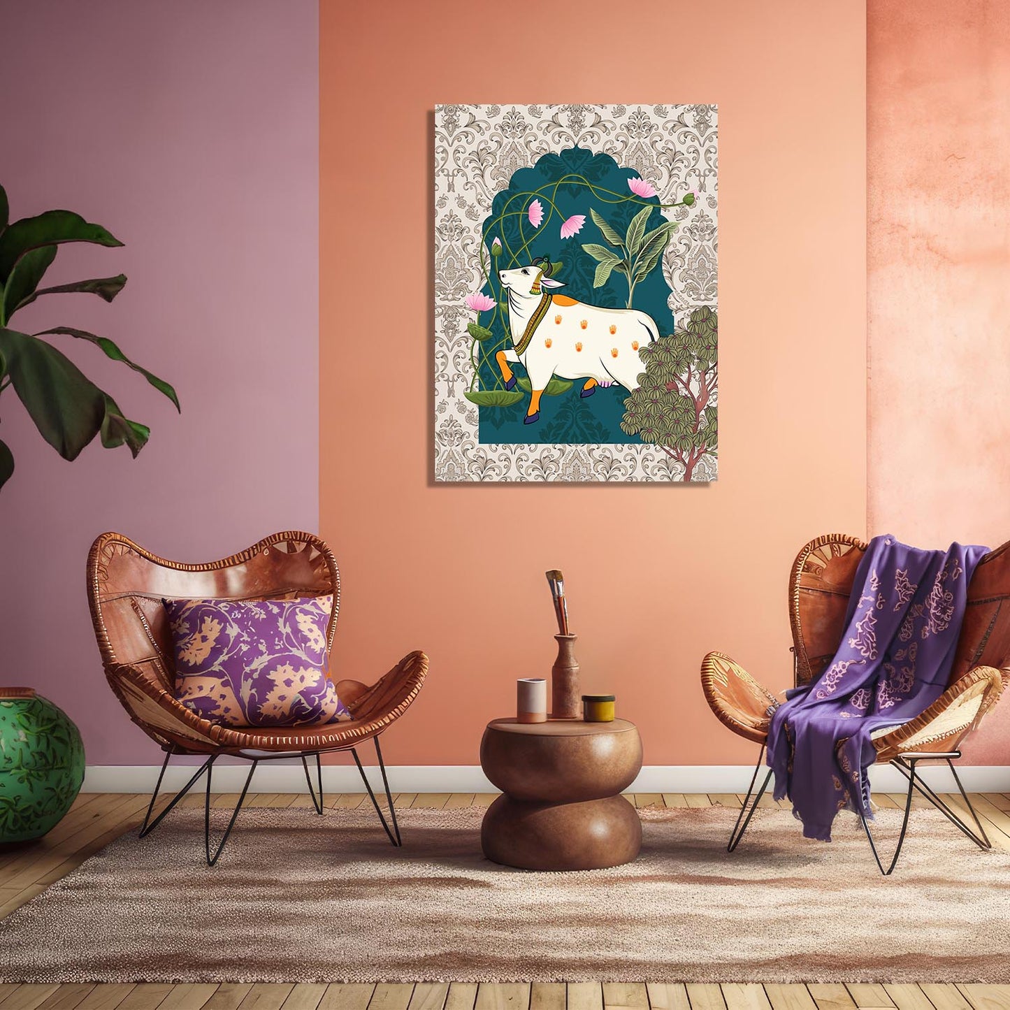 Traditional Indian Pichwai Art with Holy Cow Canvas Print