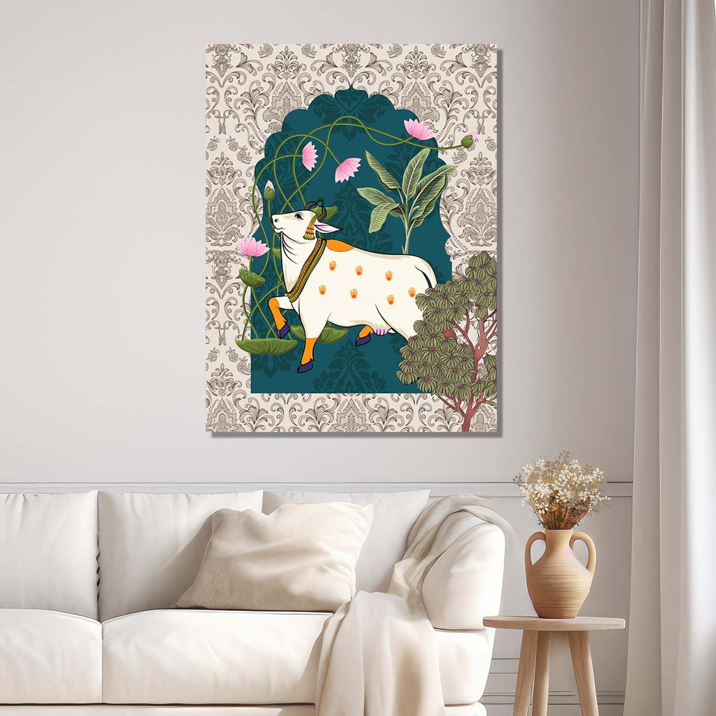 Traditional Indian Pichwai Art with Holy Cow Canvas Print