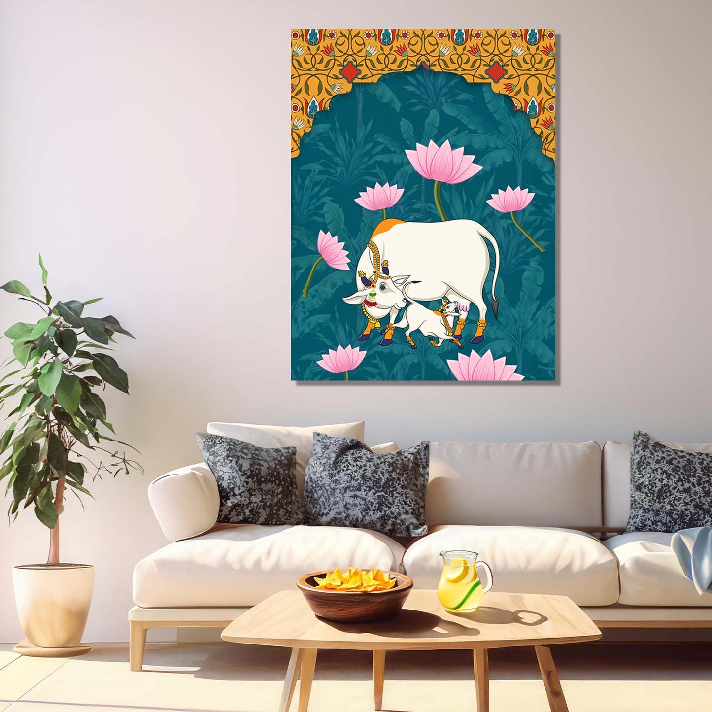 Traditional Indian Pichwai Art with Holy Cow Canvas Print