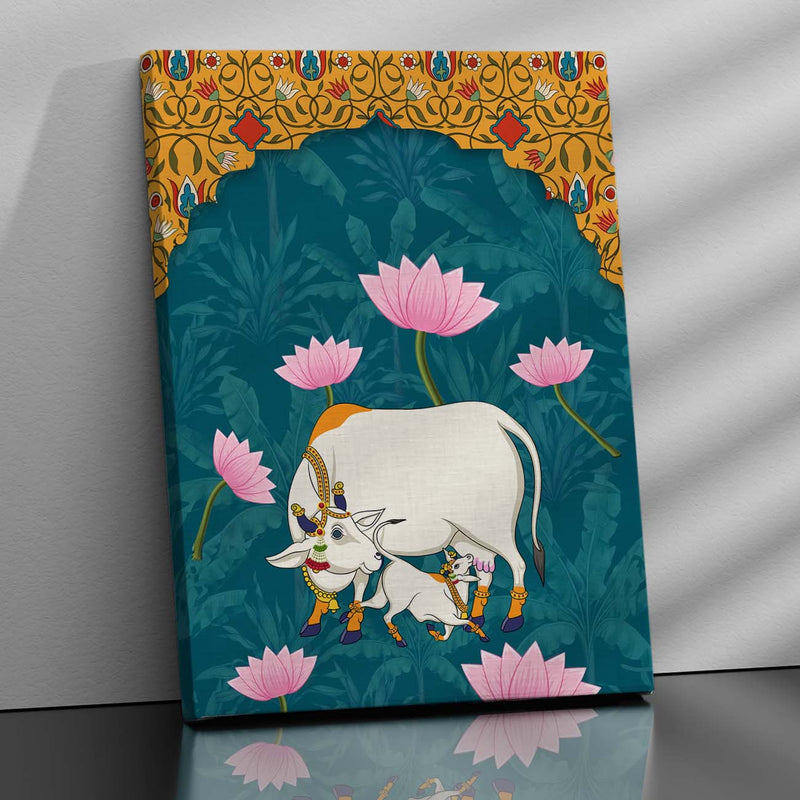Traditional Indian Pichwai Art with Holy Cow Canvas Print