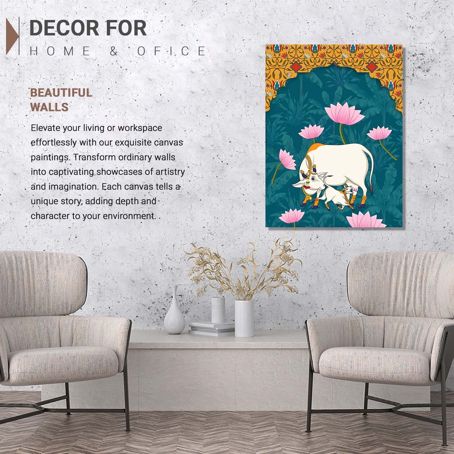 Traditional Indian Pichwai Art with Holy Cow Canvas Print