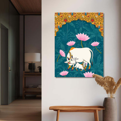 Traditional Indian Pichwai Art with Holy Cow Canvas Print