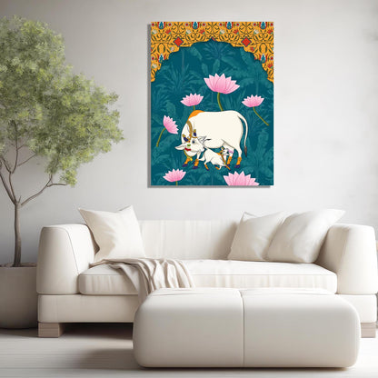 Traditional Indian Pichwai Art with Holy Cow Canvas Print