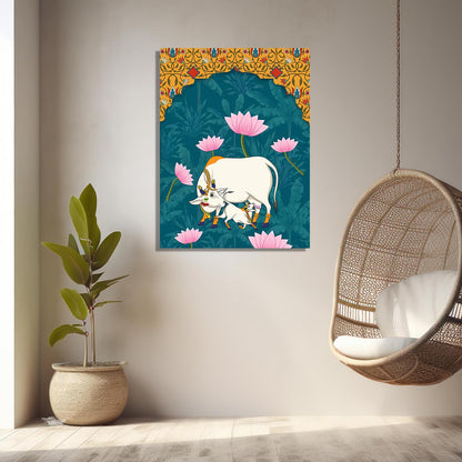 Traditional Indian Pichwai Art with Holy Cow Canvas Print