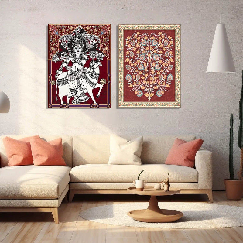 Traditional Indian Folk Art Kalamkari Art Canvas Prints For Home Decor Wall Decor