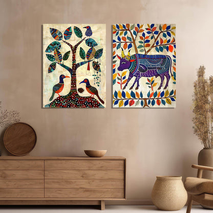 Traditional Inidan Folk Art - Bhil Art Canvas Painting For Home Decor Wall Decor