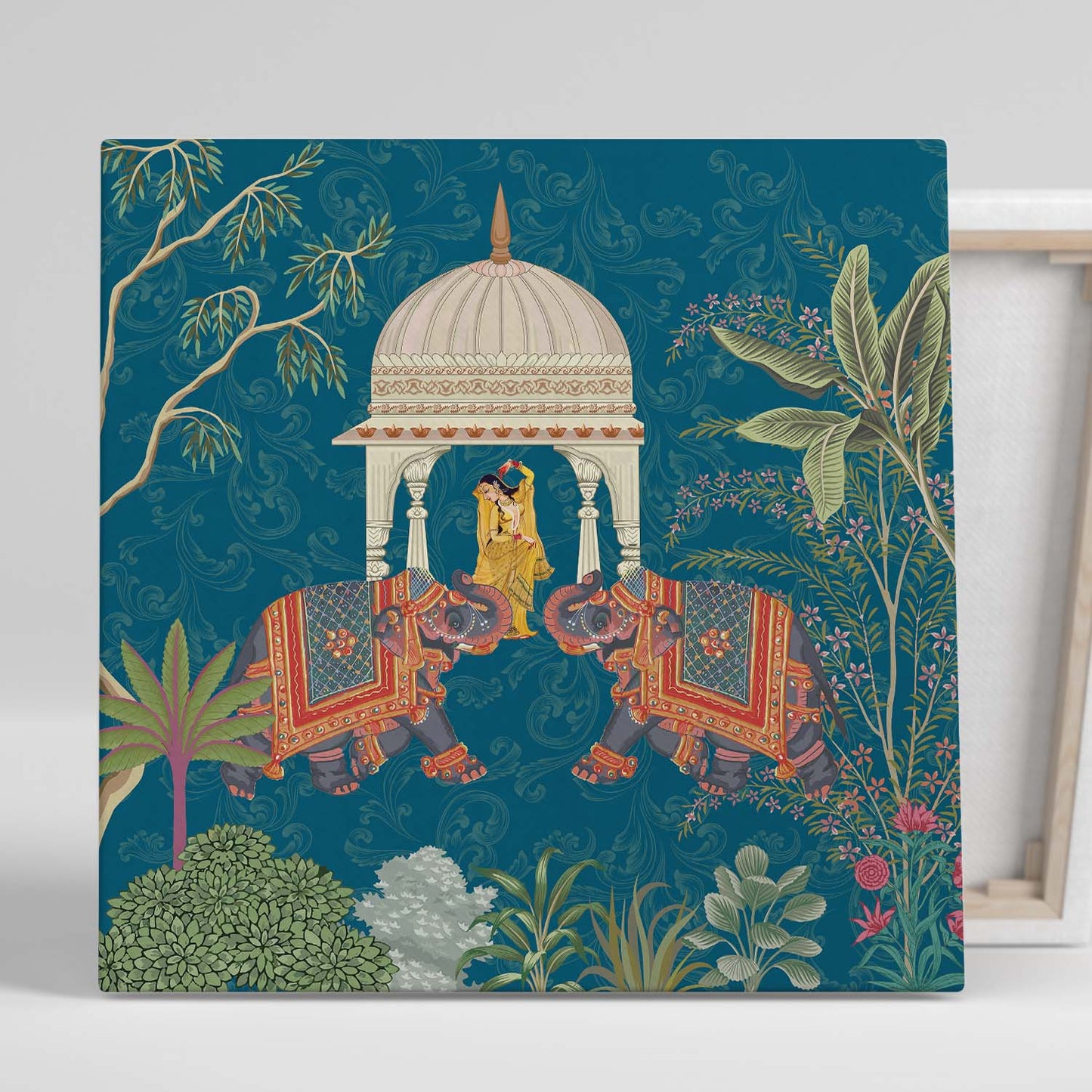 Traditional Indian Vibrant Pichwai Art Canvas Print with Royal Elephant for Wall Decor