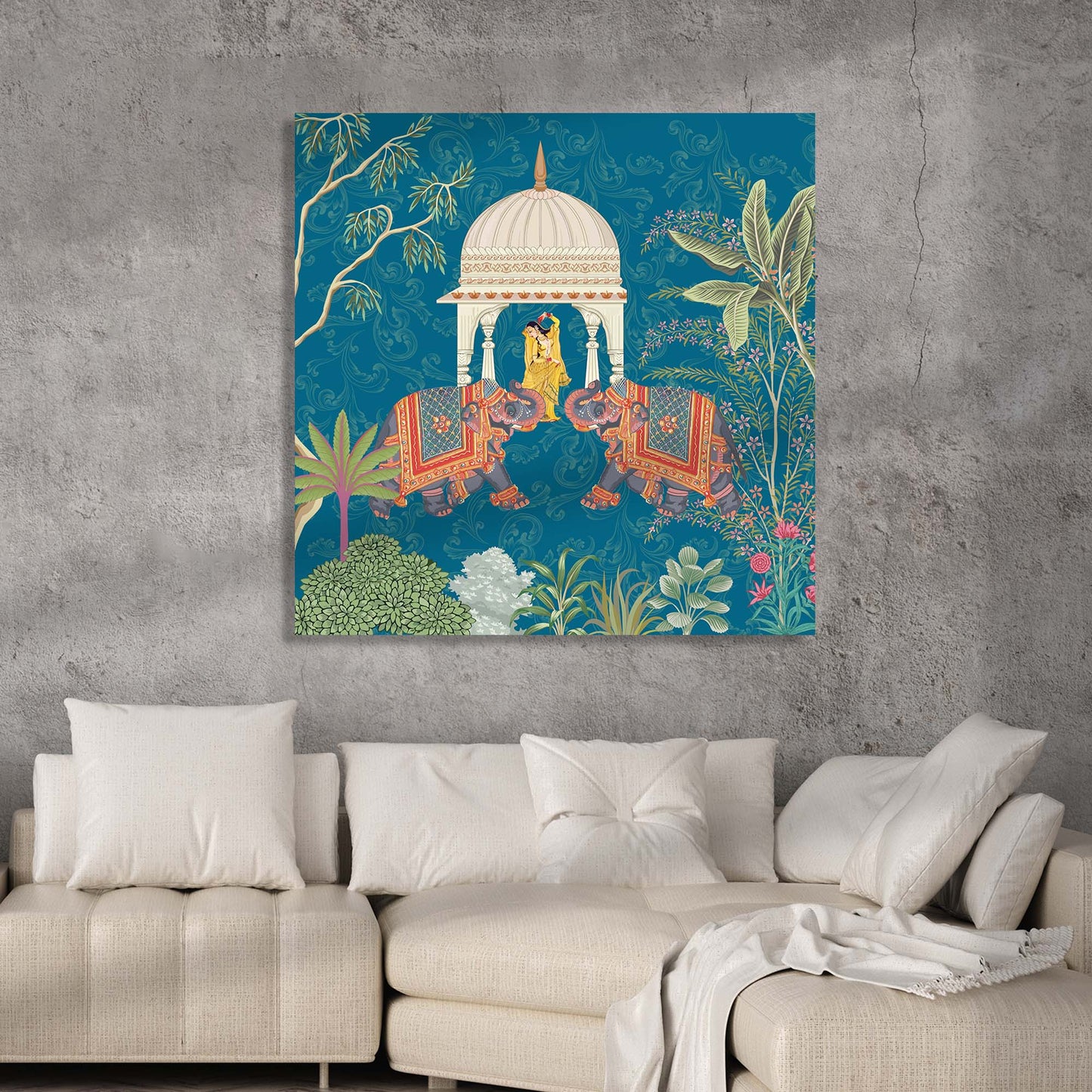 Traditional Indian Vibrant Pichwai Art Canvas Print with Royal Elephant for Wall Decor