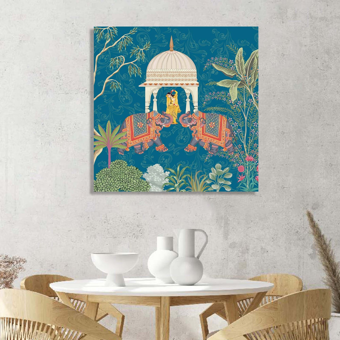 Traditional Indian Vibrant Pichwai Art Canvas Print with Royal Elephant for Wall Decor