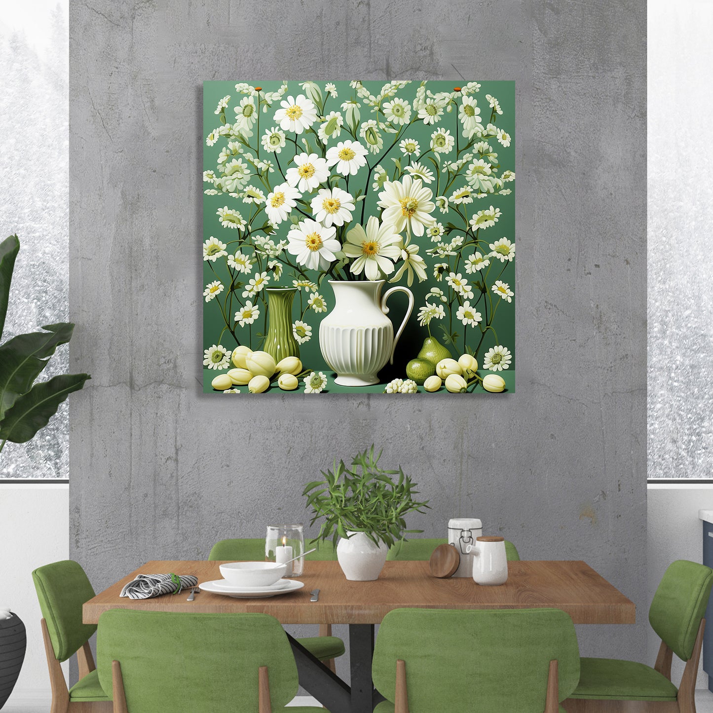 Green and White Floral Art Canvas Painting for Living Room Bedroom Home and Office Wall Decor