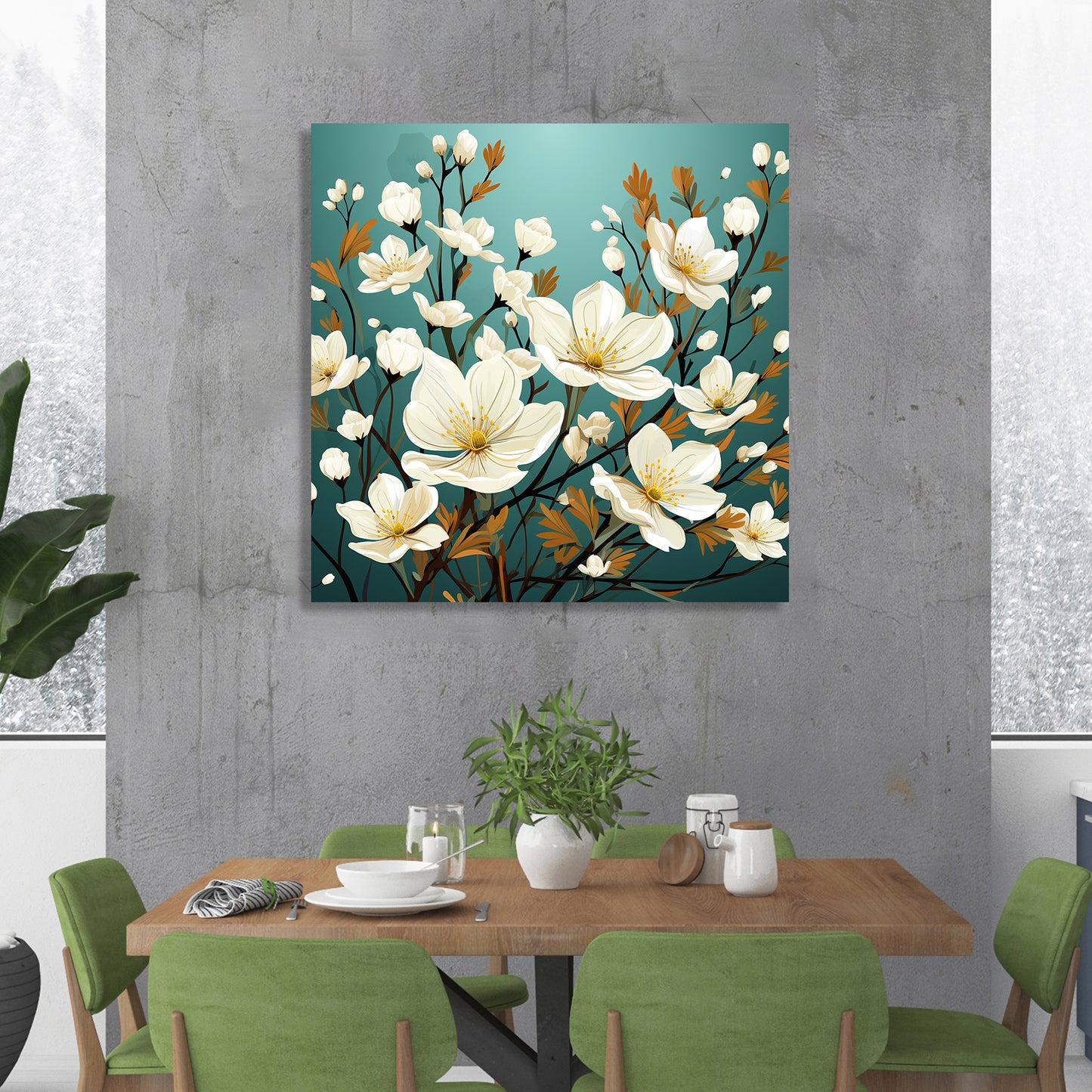 Green and White Floral Canvas Painting for Living Room Bedroom Home and Office Wall Decor