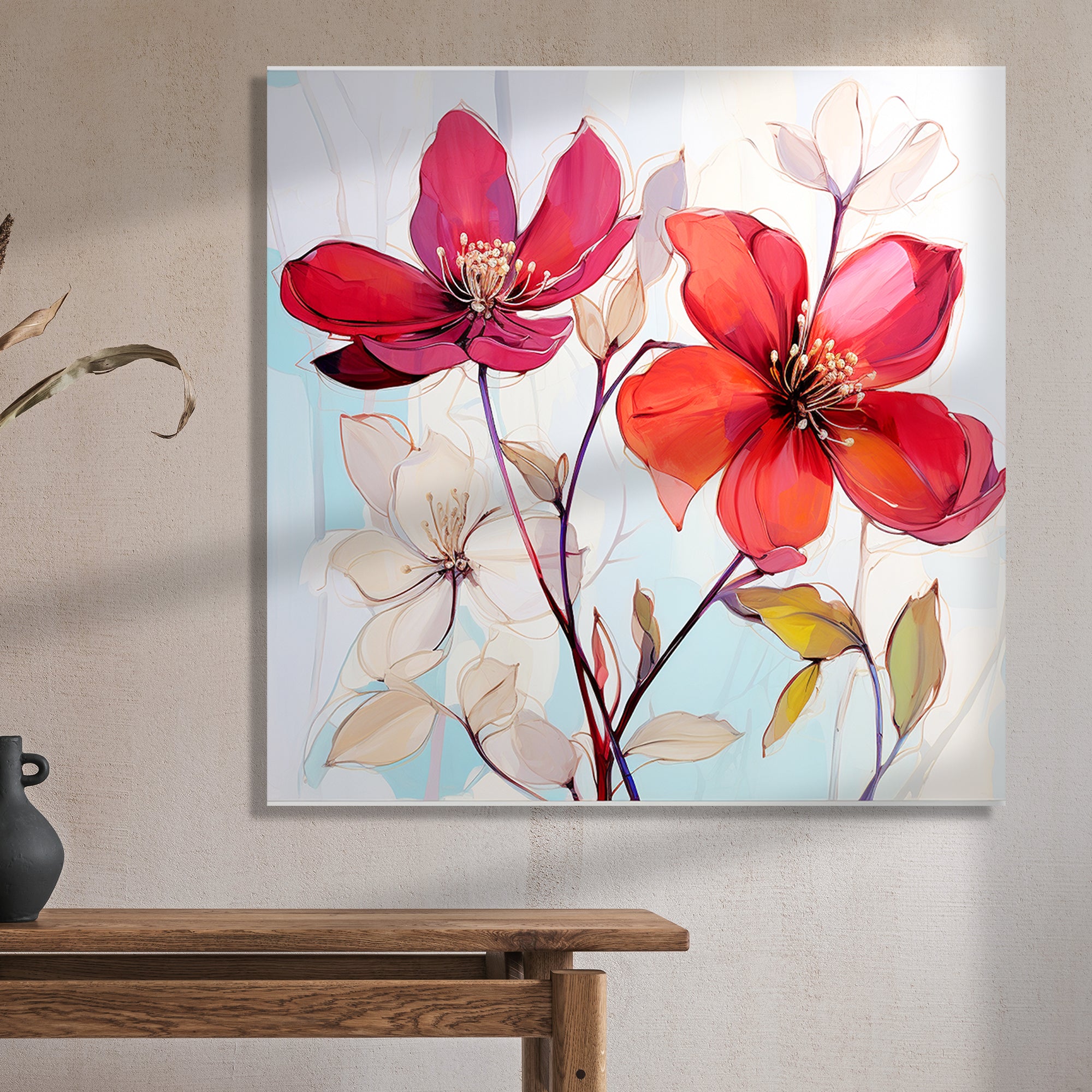 Vibrant Red Floral Canvas Painting for Living Room Bedroom Home and Of ...