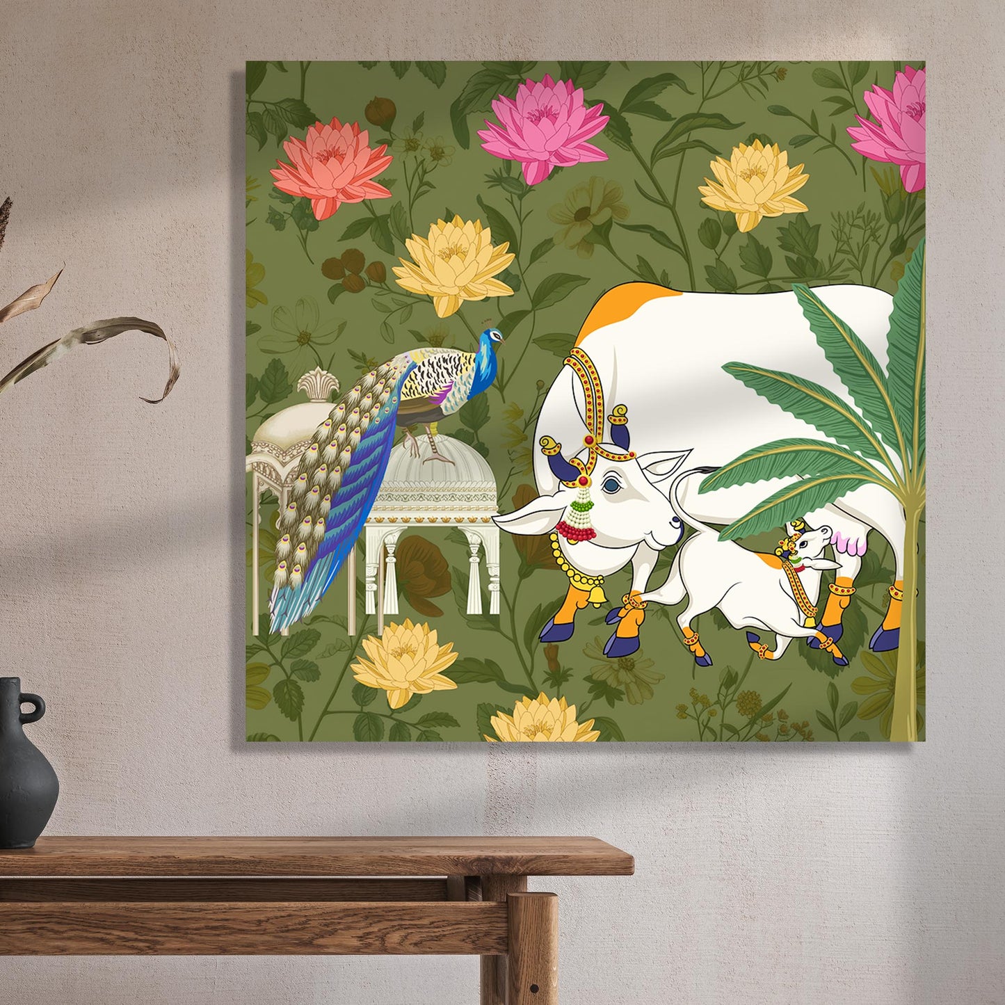 Traditional Indian Pichwai Art Canvas Print with Holy Cow for Living Room Hotel & Home Wall Decoration