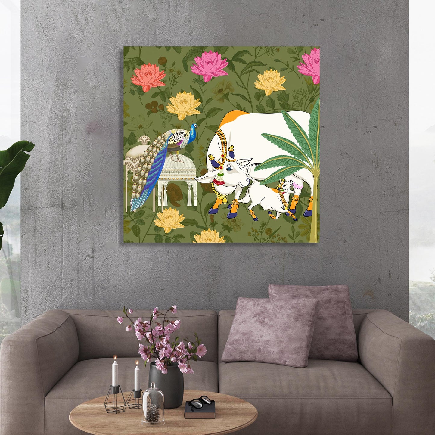 Traditional Indian Pichwai Art Canvas Print with Holy Cow for Living Room Hotel & Home Wall Decoration