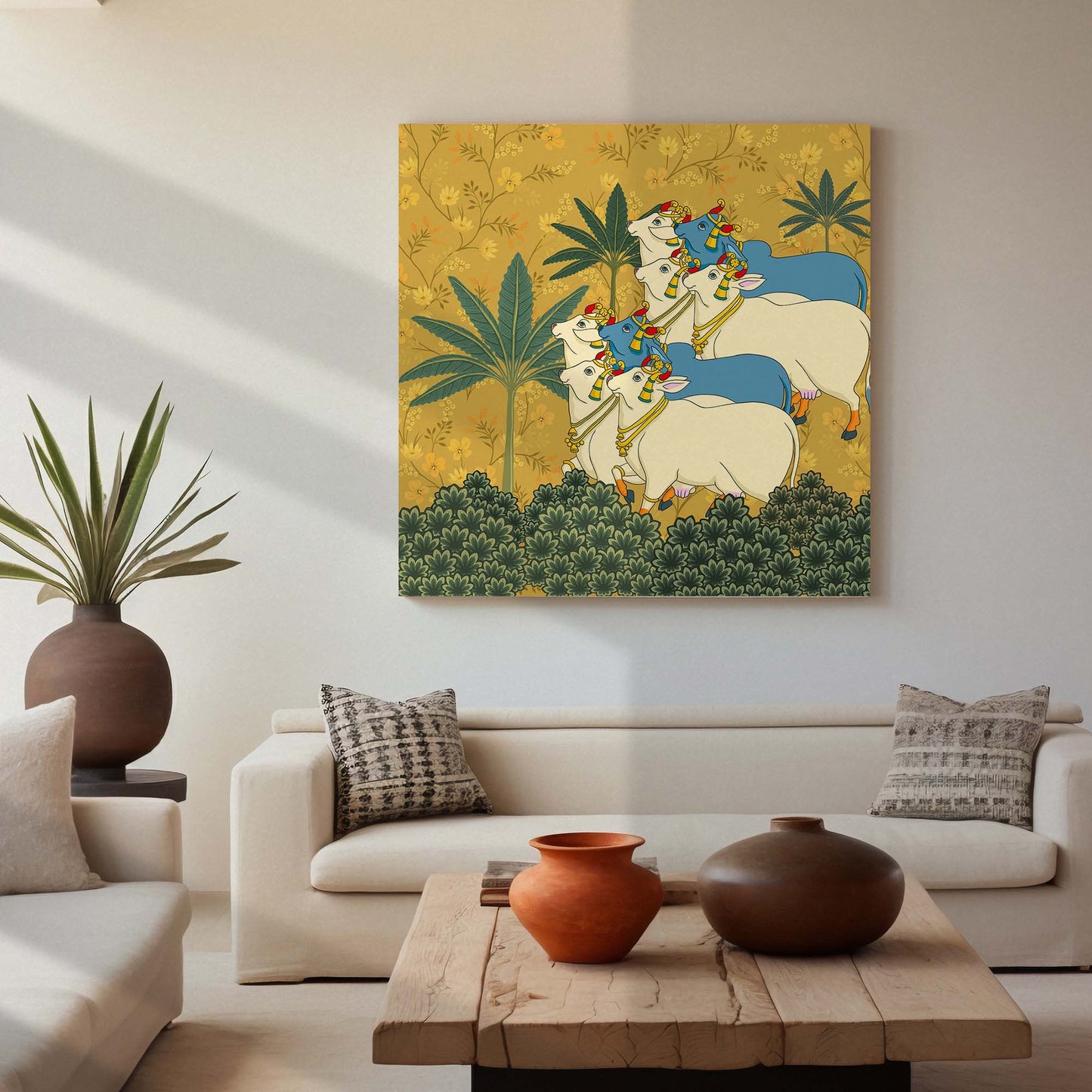 Traditional Indian Vibrant Pichwai Art Canvas Print with Holy Cow for Wall Decor