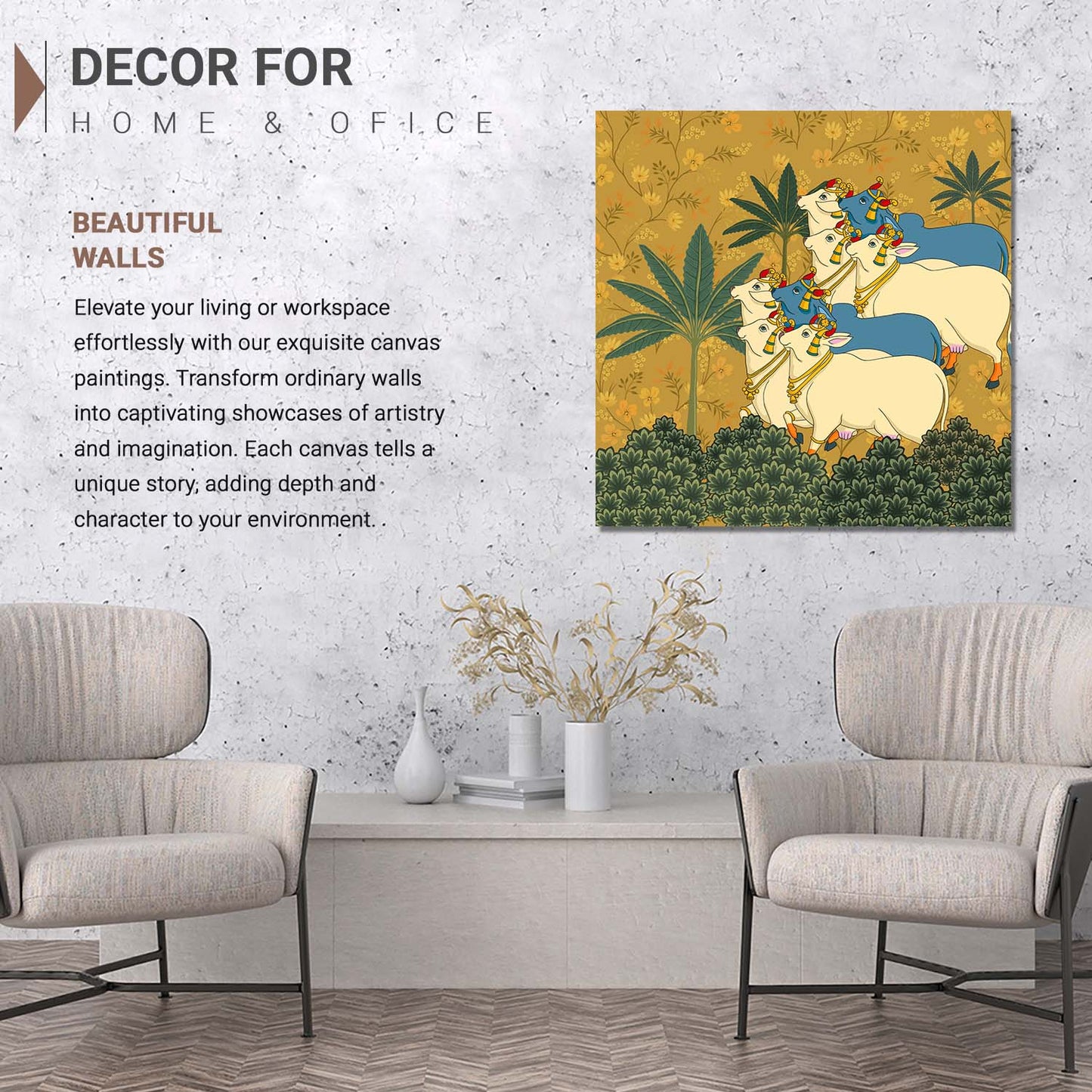 Traditional Indian Vibrant Pichwai Art Canvas Print with Holy Cow for Wall Decor