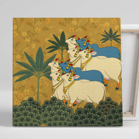 Traditional Indian Vibrant Pichwai Art Canvas Print with Holy Cow for Wall Decor