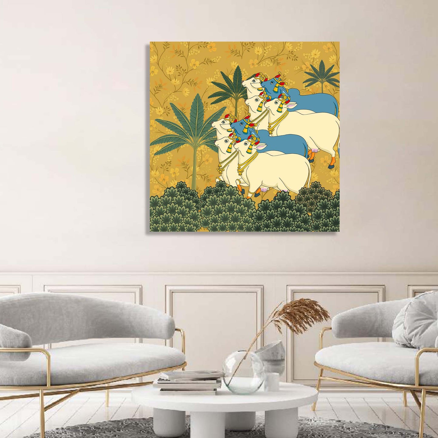 Traditional Indian Vibrant Pichwai Art Canvas Print with Holy Cow for Wall Decor