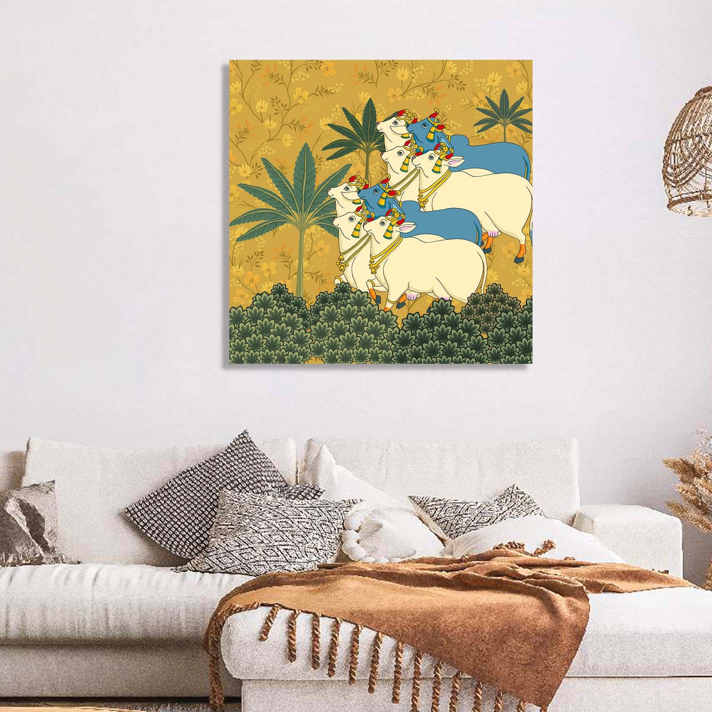 Traditional Indian Vibrant Pichwai Art Canvas Print with Holy Cow for Wall Decor