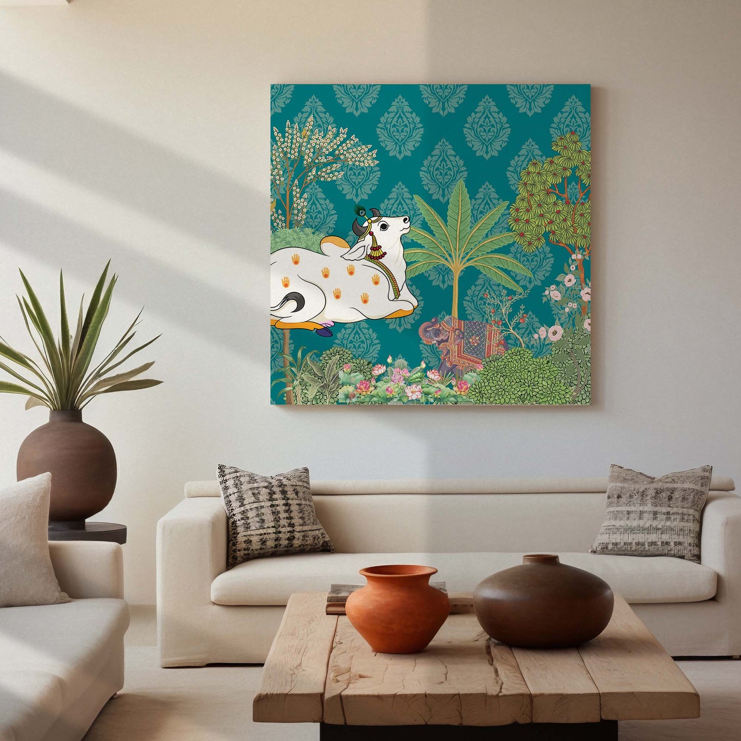 Traditional Indian Vibrant Pichwai Art Canvas Print with Holy Cow for Wall Decor