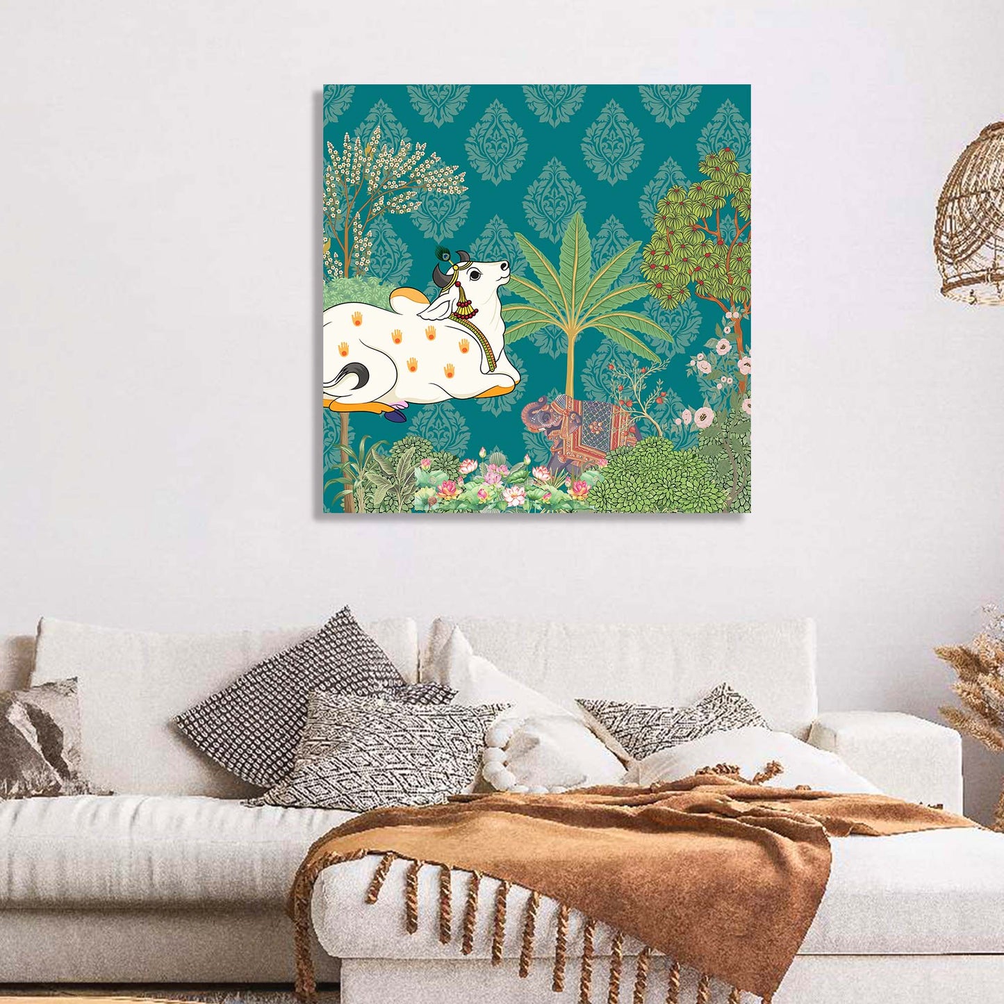 Traditional Indian Vibrant Pichwai Art Canvas Print with Holy Cow for Wall Decor