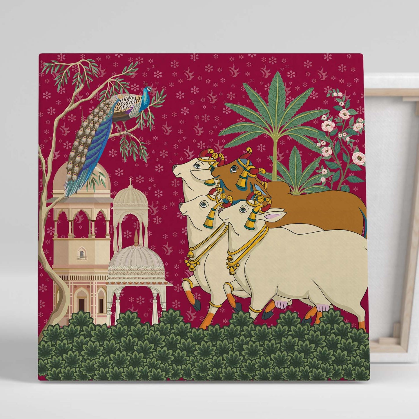 Traditional Indian Vibrant Pink Pichwai Art Canvas Print with Holy Cow for Wall Decor