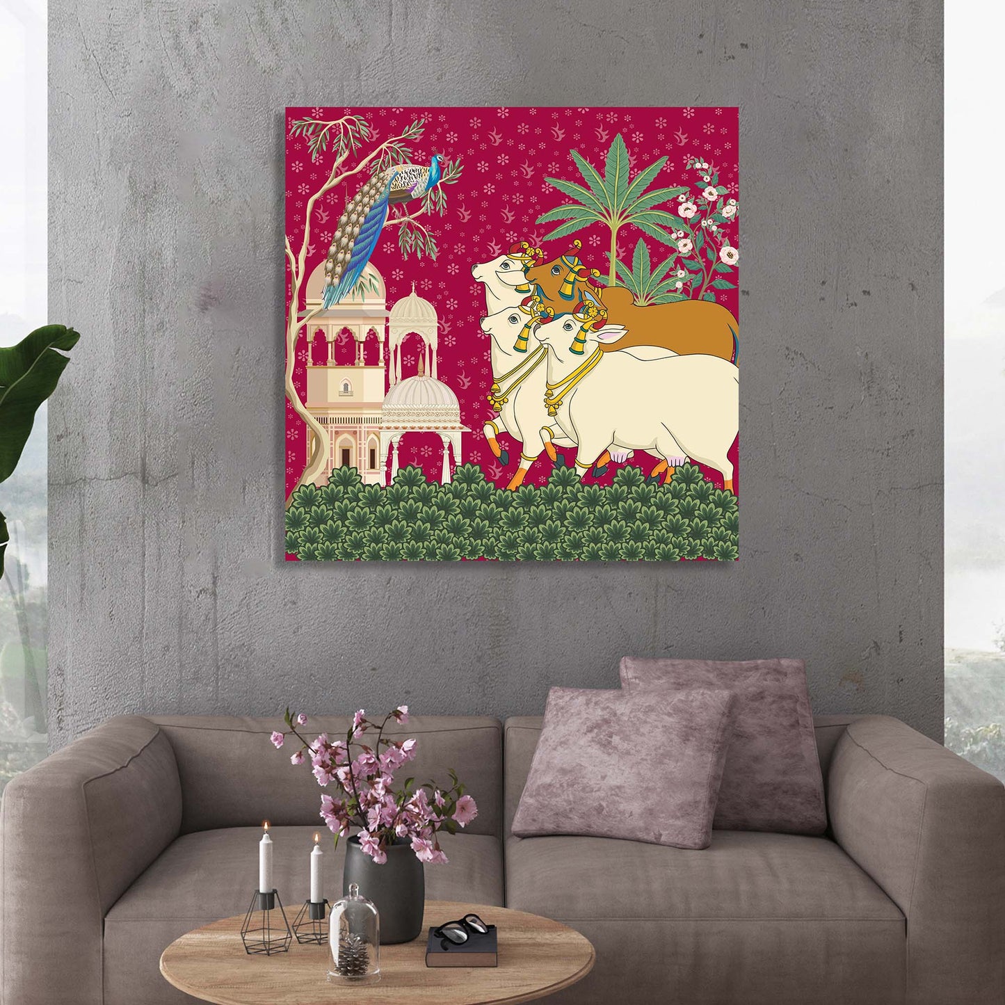 Traditional Indian Vibrant Pink Pichwai Art Canvas Print with Holy Cow for Wall Decor