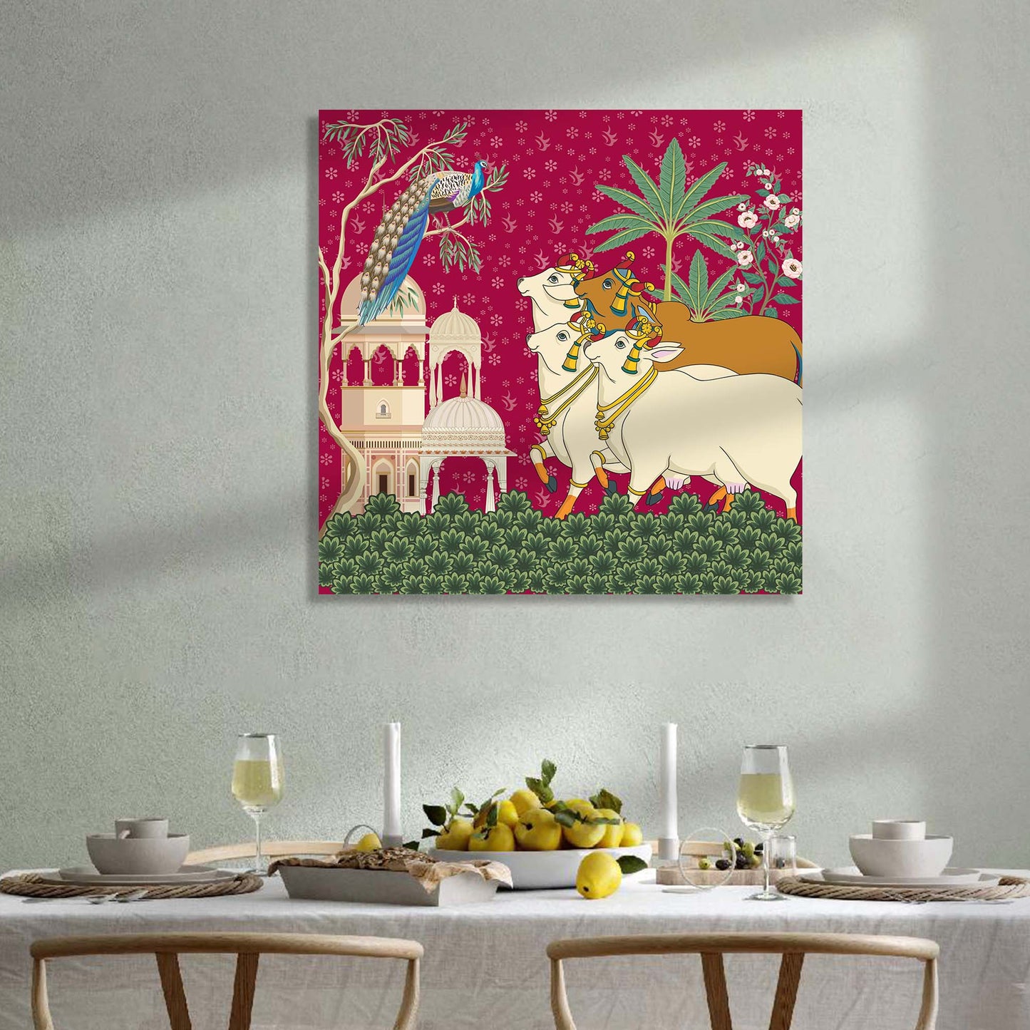 Traditional Indian Vibrant Pink Pichwai Art Canvas Print with Holy Cow for Wall Decor