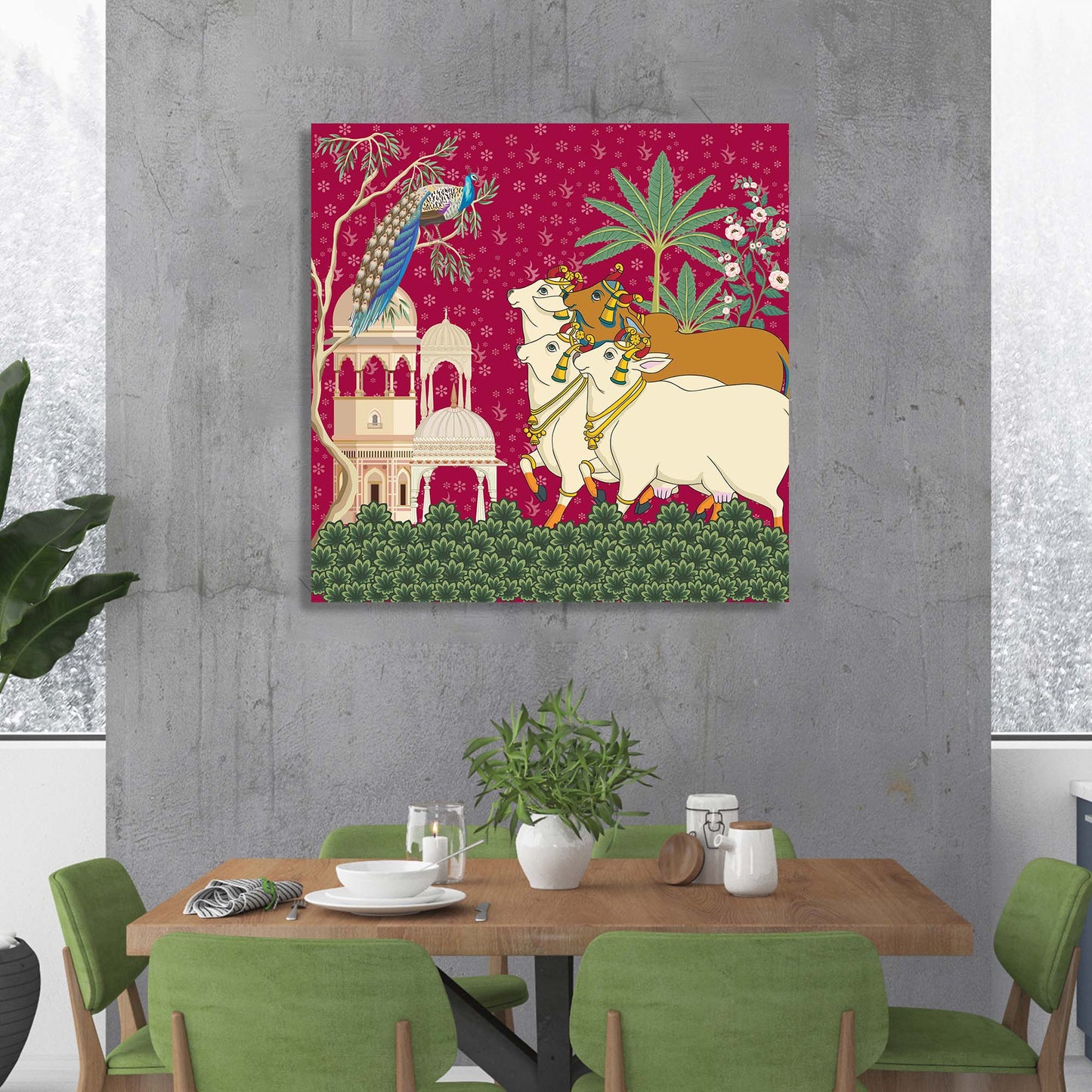 Traditional Indian Vibrant Pink Pichwai Art Canvas Print with Holy Cow for Wall Decor