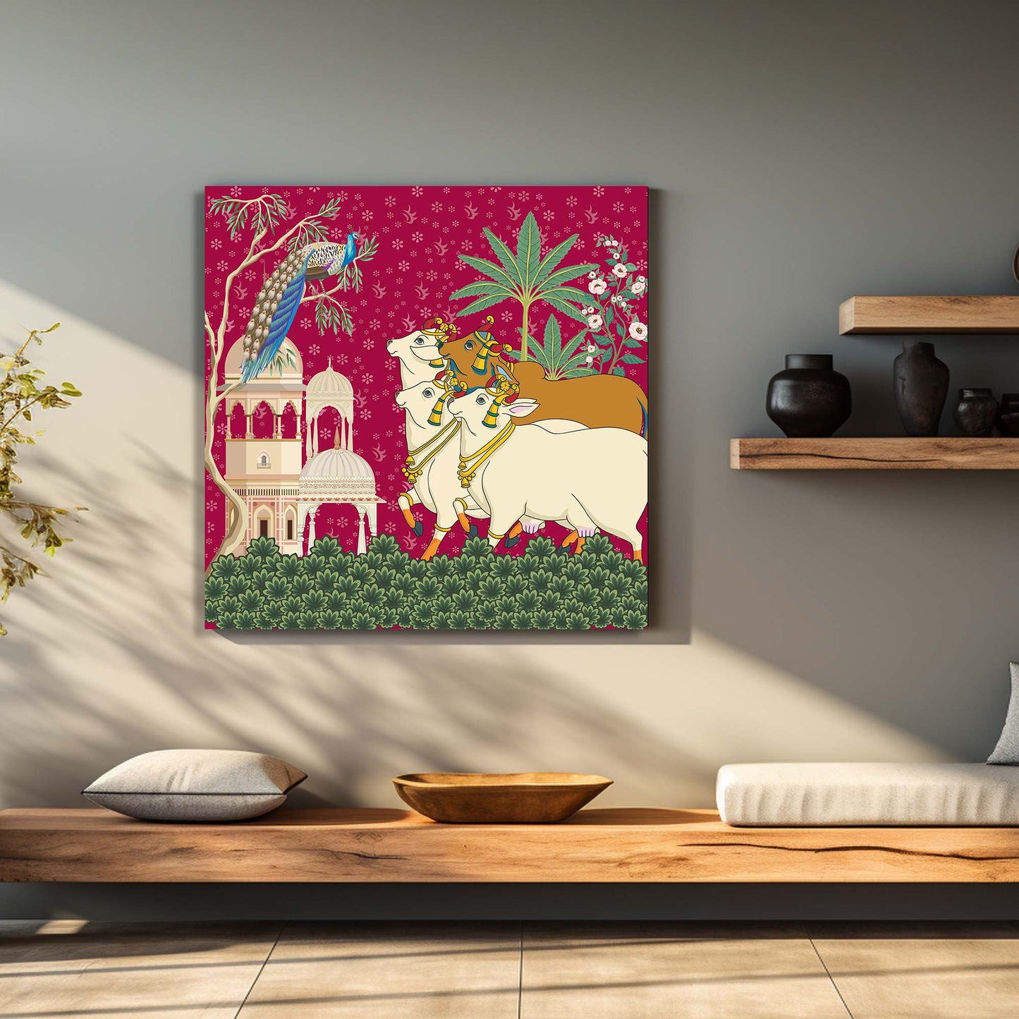 Traditional Indian Vibrant Pink Pichwai Art Canvas Print with Holy Cow for Wall Decor