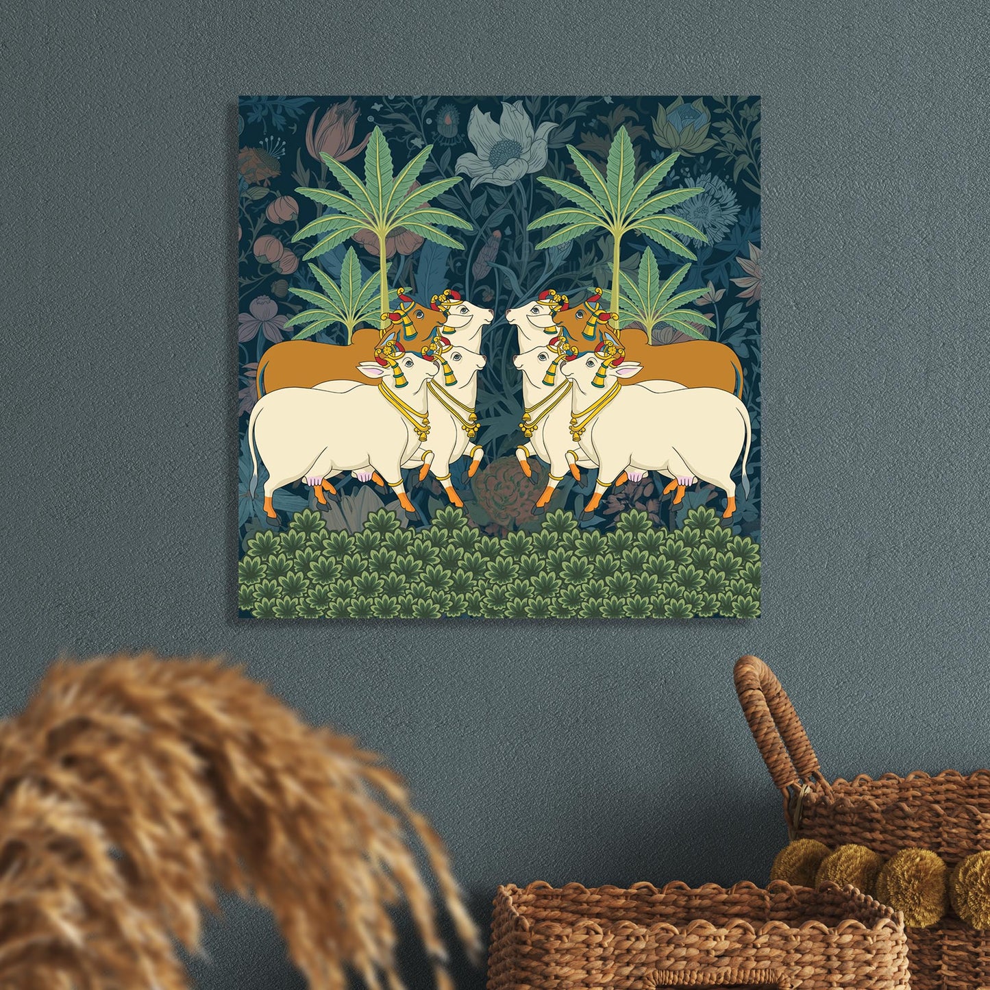 Traditional Indian Vibrant Pichwai Art Canvas Print with Holy Cow for Wall Decor